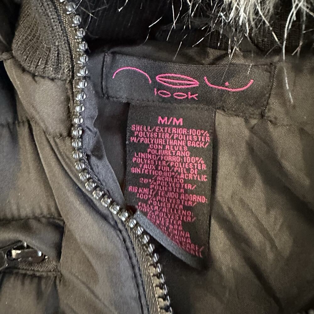 new look Women's Y2K 2000s medium vest fur hood puffer coat black pockets zip up - Picture 2 of 3